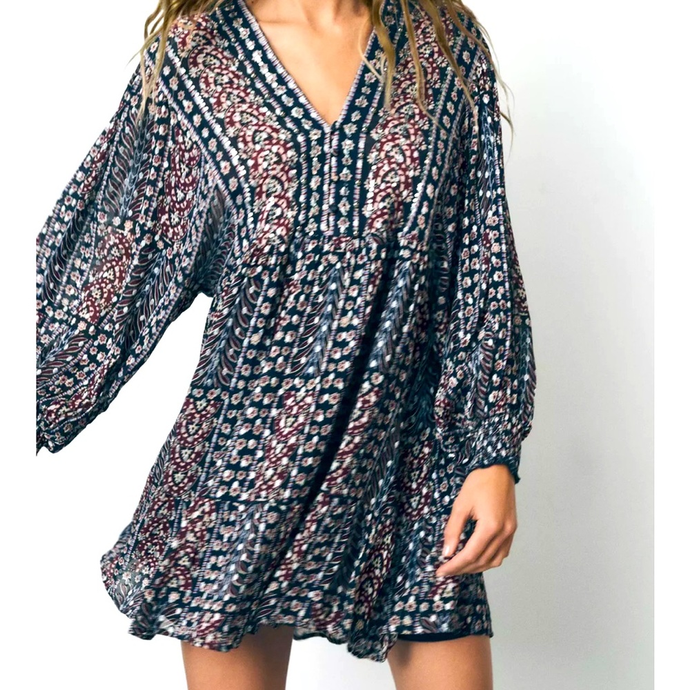 Metallic Thread Printed Long Sleeve Dress - ZARA
